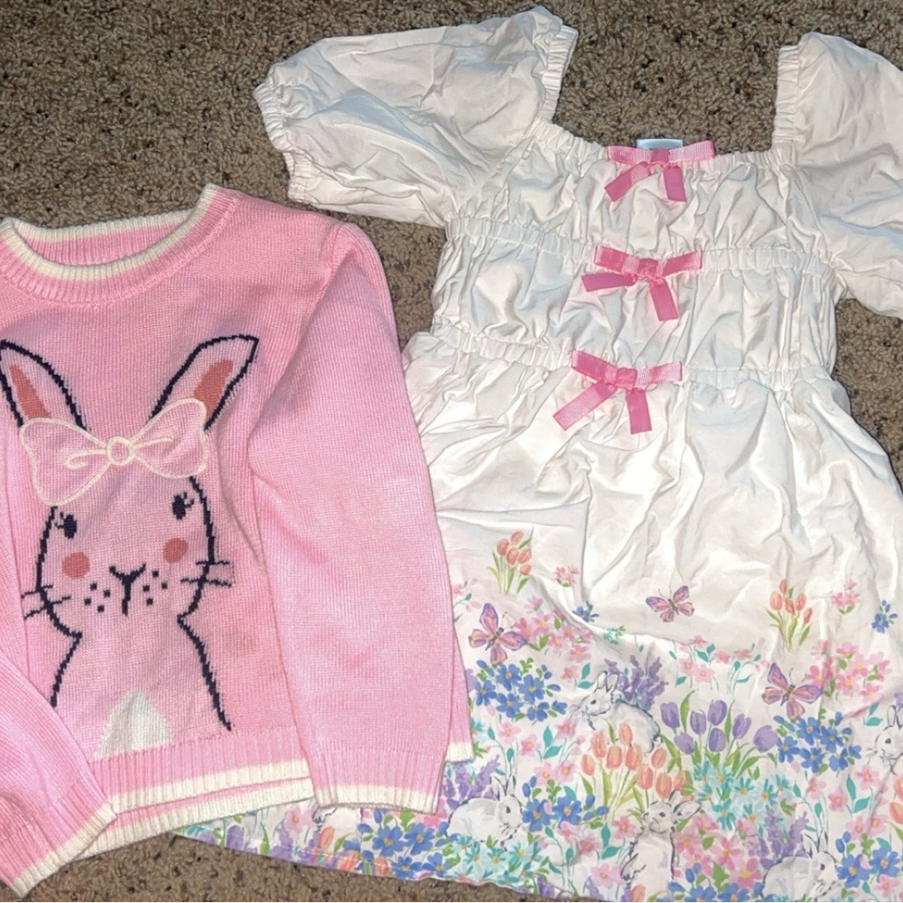 The Children's Place Pink Bunny Sweater and White Floral Dress